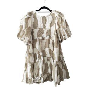 Moon River Puff Sleeve Tiered Mini Dress Beige & White Abstract Pattern M